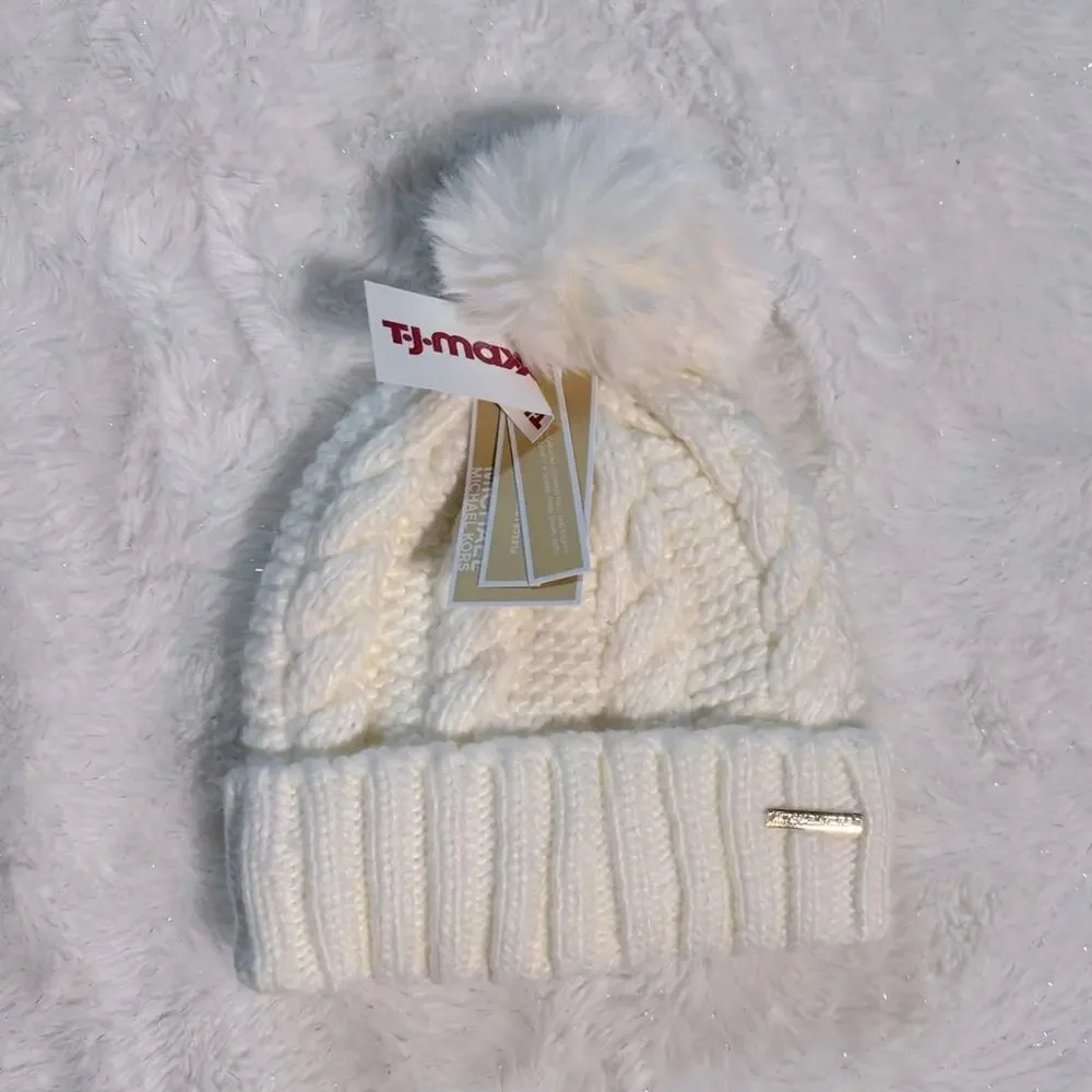 NWT - Michael Michael Kors - Women`s Cable Knit Teddy Fleece Faux Fur Pom Po…